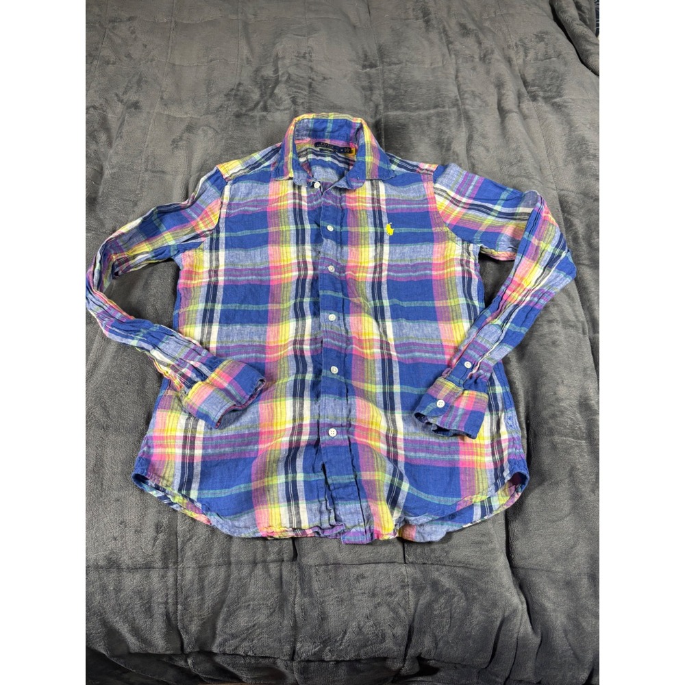 Polo Ralph Lauren Mens Classic Fit Linen Plaid Shirt Blue Pink Yellow Medium